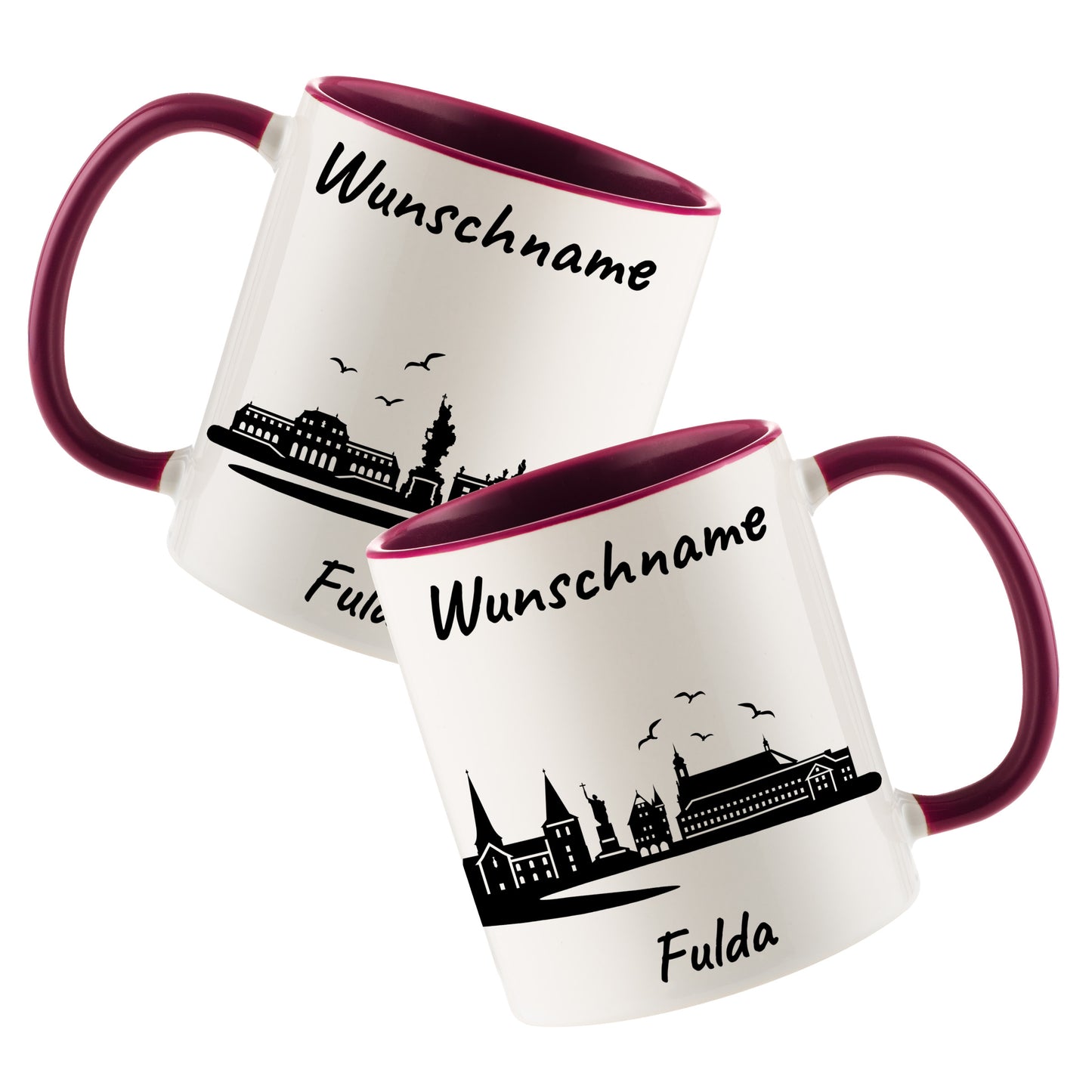 Tasse in Bordeauxrot 330ml bedruckt mit der Skyline von Fulda personalisierbar mit Wunschname