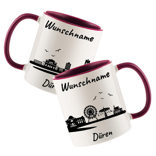 Tasse in Bordeauxrot 330ml bedruckt mit der Skyline von Düren personalisierbar mit Wunschname