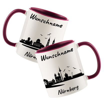 Tasse in Bordeauxrot 330ml bedruckt mit der Skyline von Nürnberg personalisierbar mit Wunschname