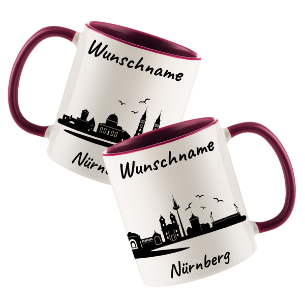 Tasse in Bordeauxrot 330ml bedruckt mit der Skyline von Nürnberg personalisierbar mit Wunschname