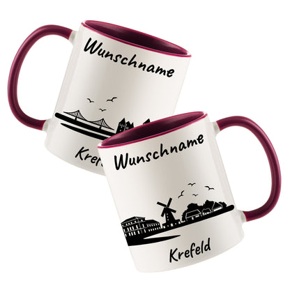 Tasse in Bordeauxrot 330ml bedruckt mit der Skyline von Krefeld personalisierbar mit Wunschname