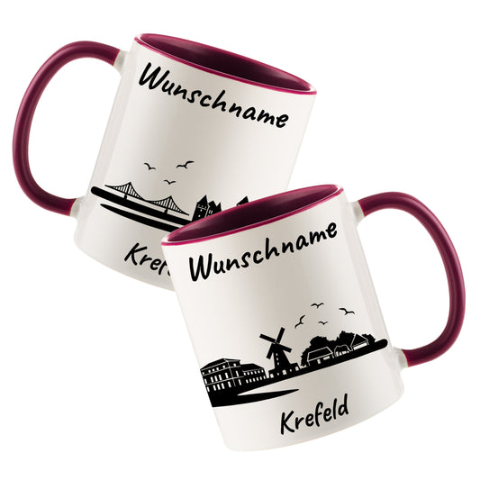 Tasse in Bordeauxrot 330ml bedruckt mit der Skyline von Krefeld personalisierbar mit Wunschname