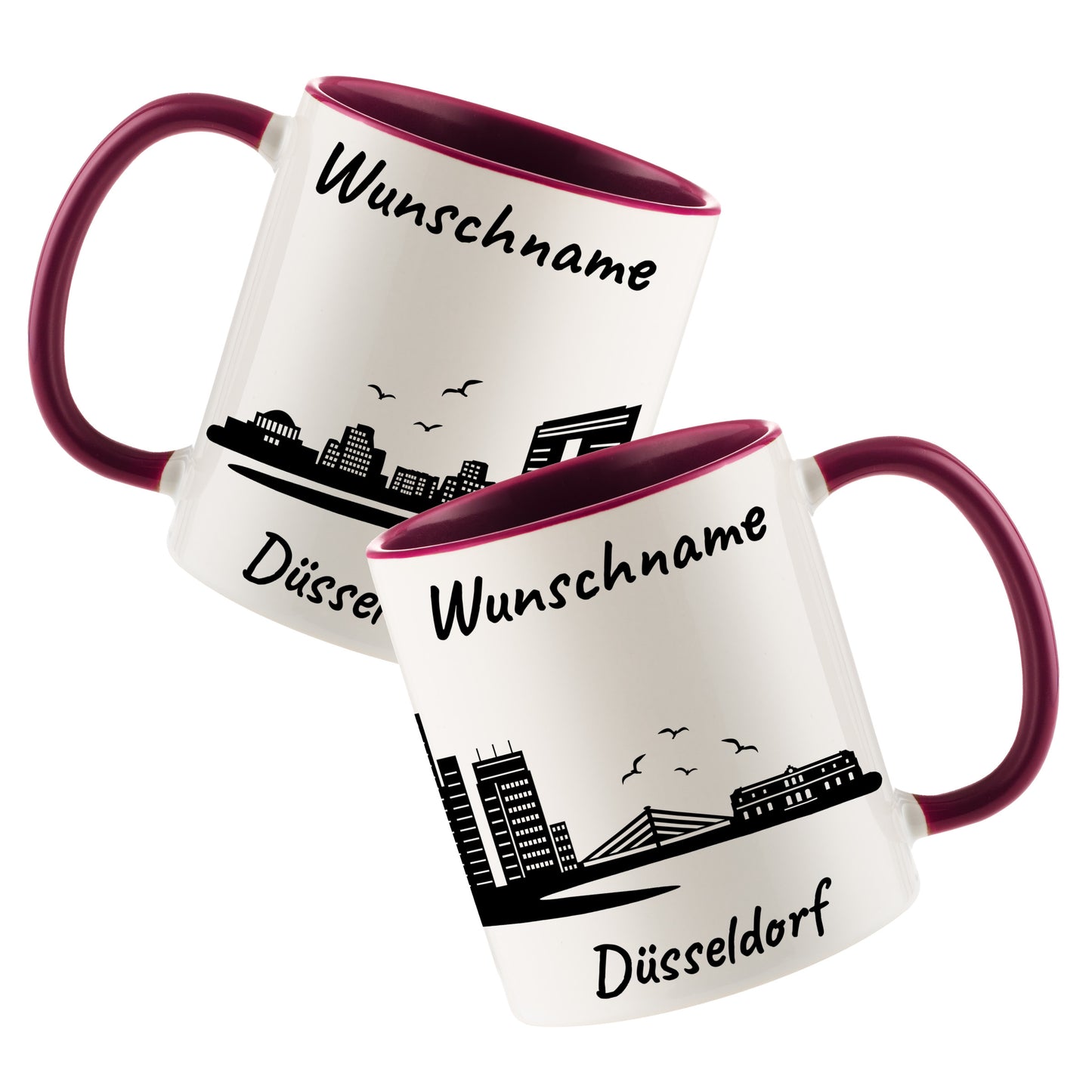 Tasse in Bordeauxrot 330ml bedruckt mit der Skyline von Düsseldorf personalisierbar mit Wunschname