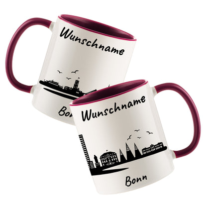 Tasse in Bordeauxrot 330ml bedruckt mit der Skyline von Bonn personalisierbar mit Wunschname