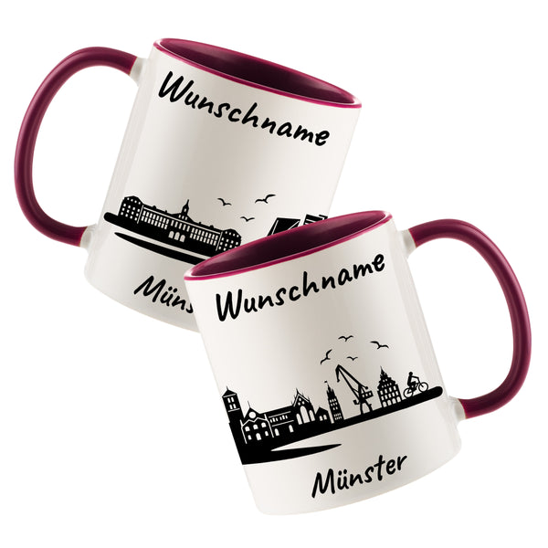 Tasse in Bordeauxrot 330ml bedruckt mit der Skyline von Münster personalisierbar mit Wunschname