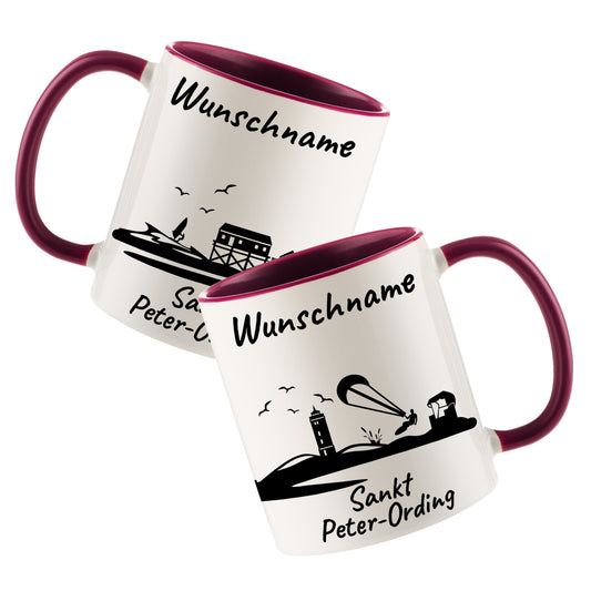 Tasse in Bordeauxrot 330ml bedruckt mit der Skyline von Sankt Peter-Ording personalisierbar mit Wunschname