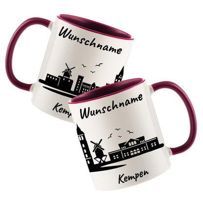 Tasse in Bordeauxrot 330ml bedruckt mit der Skyline von Kempen personalisierbar mit Wunschname