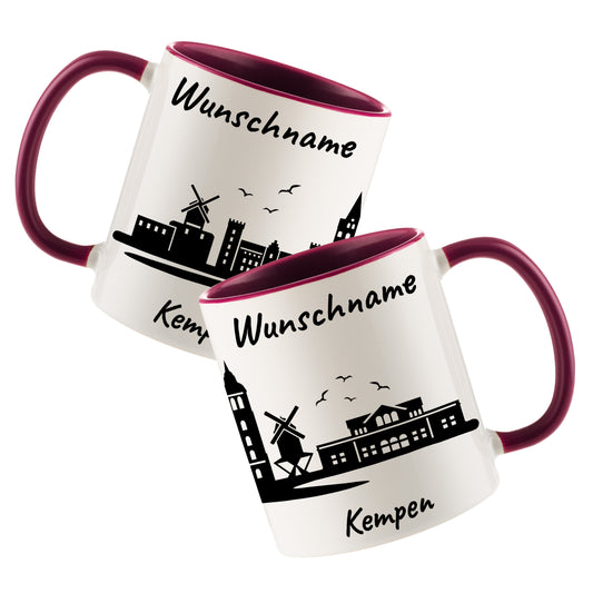 Tasse in Bordeauxrot 330ml bedruckt mit der Skyline von Kempen personalisierbar mit Wunschname