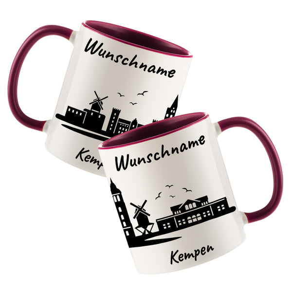 Tasse in Bordeauxrot 330ml bedruckt mit der Skyline von Kempen personalisierbar mit Wunschname