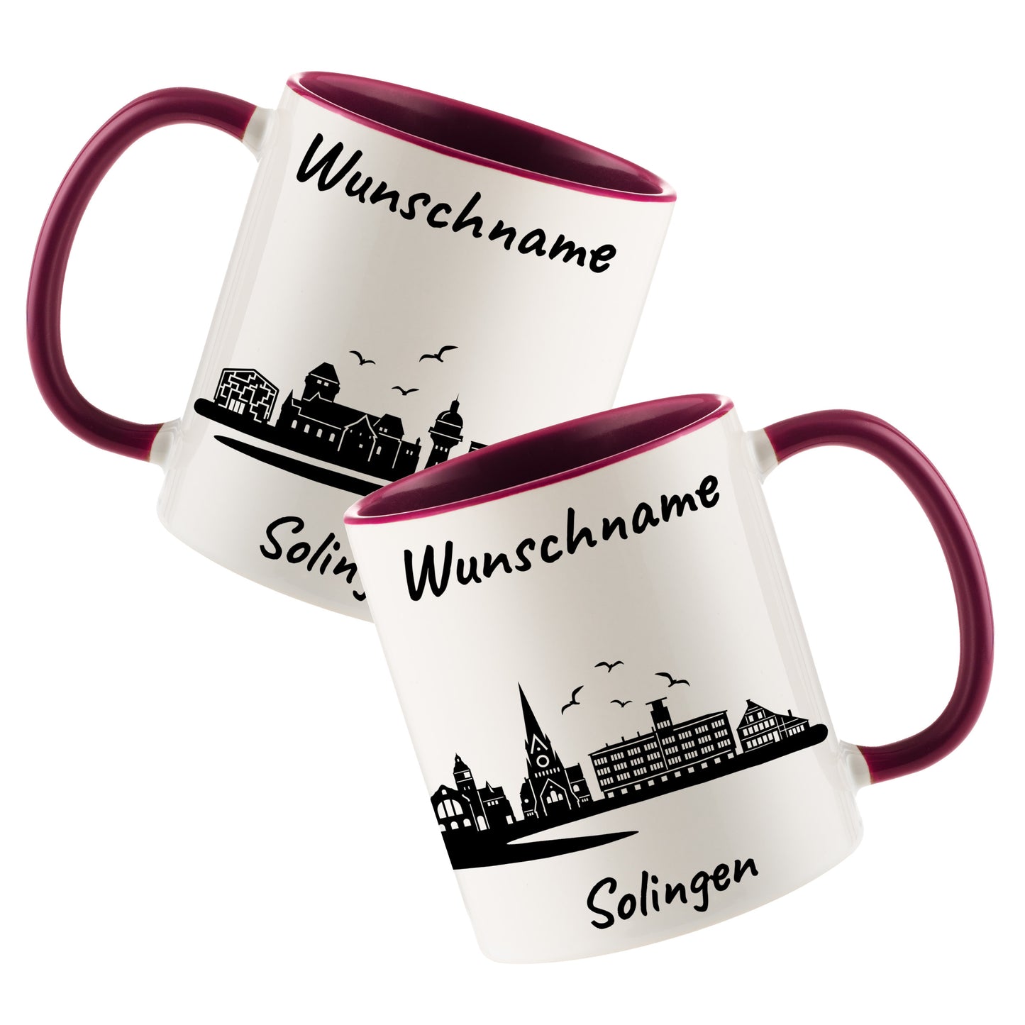 Tasse in Bordeauxrot 330ml bedruckt mit der Skyline von Solingen personalisierbar mit Wunschname