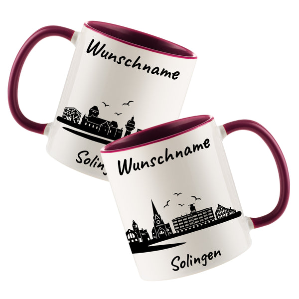Tasse in Bordeauxrot 330ml bedruckt mit der Skyline von Solingen personalisierbar mit Wunschname