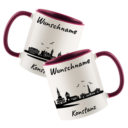Tasse in Bordeauxrot 330ml bedruckt mit der Skyline von Konstanz personalisierbar mit Wunschname