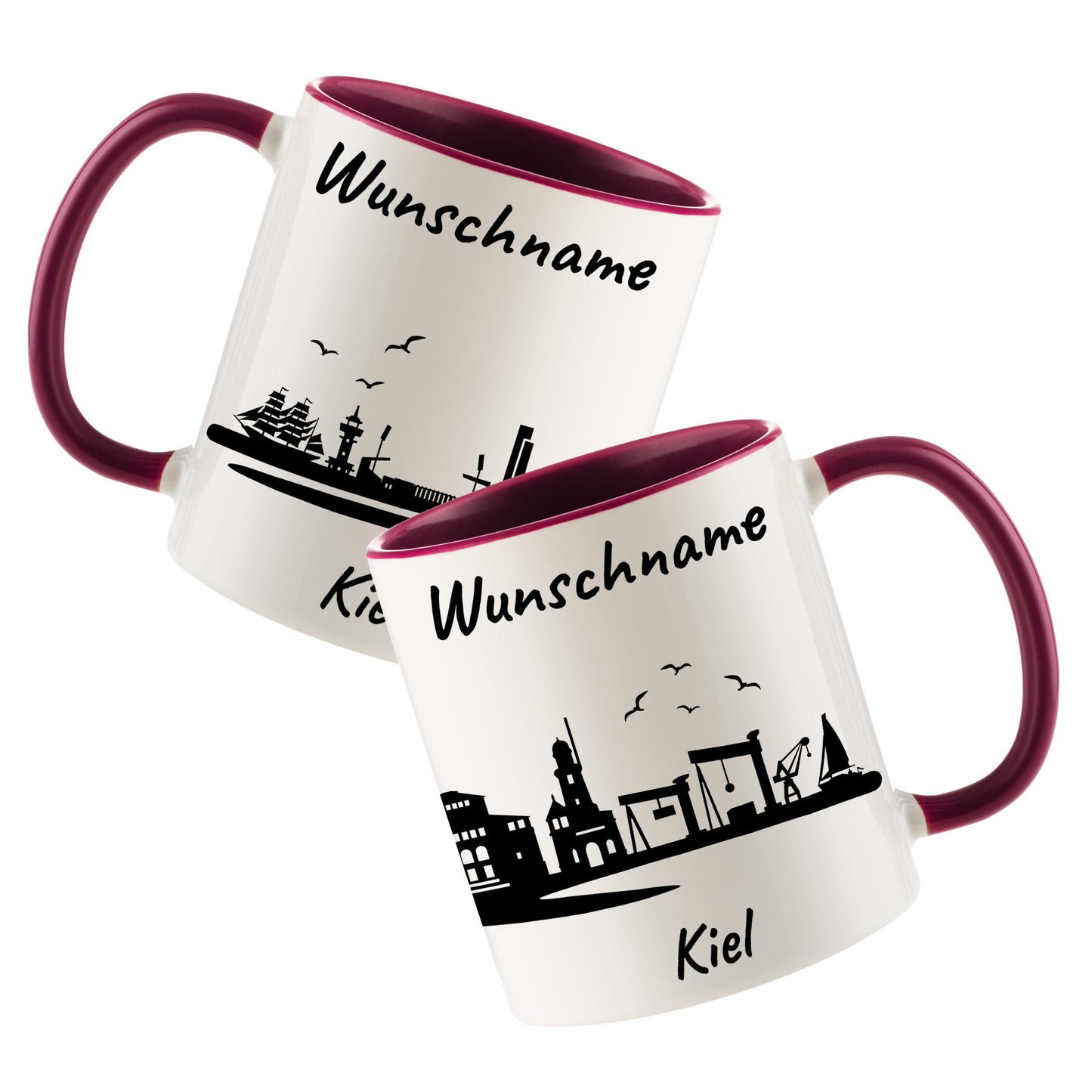 Tasse in Bordeauxrot 330ml bedruckt mit der Skyline von Kiel personalisierbar mit Wunschname