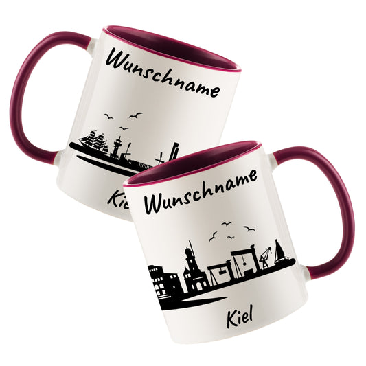 Tasse in Bordeauxrot 330ml bedruckt mit der Skyline von Kiel personalisierbar mit Wunschname