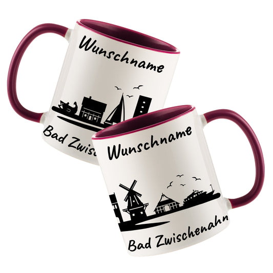 Tasse in Bordeauxrot 330ml bedruckt mit der Skyline von Bad Zwischenahn personalisierbar mit Wunschname