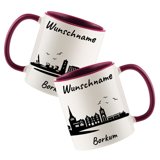 Tasse in Bordeauxrot 330ml bedruckt mit der Skyline von Borkum personalisierbar mit Wunschname