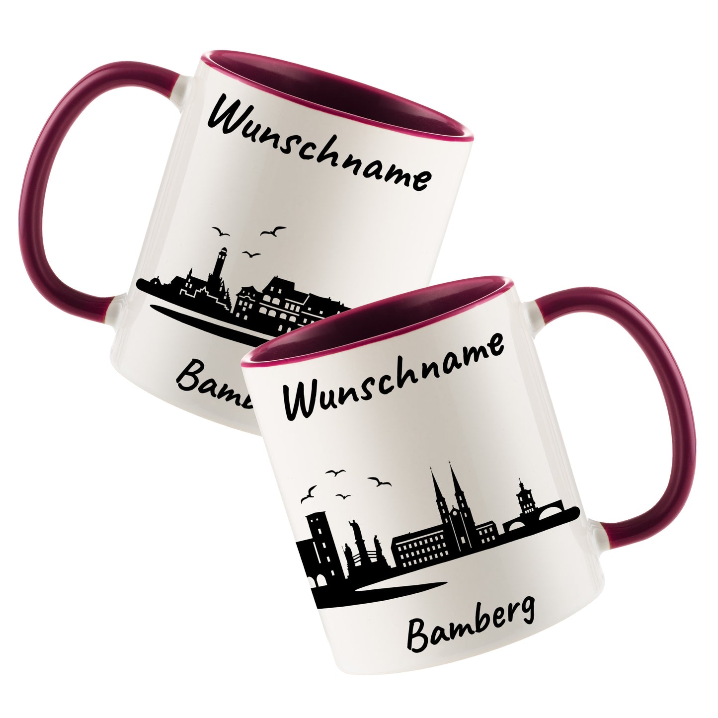 Tasse in Bordeauxrot 330ml bedruckt mit der Skyline von Bamberg personalisierbar mit Wunschname