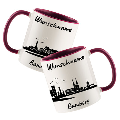 Tasse in Bordeauxrot 330ml bedruckt mit der Skyline von Bamberg personalisierbar mit Wunschname