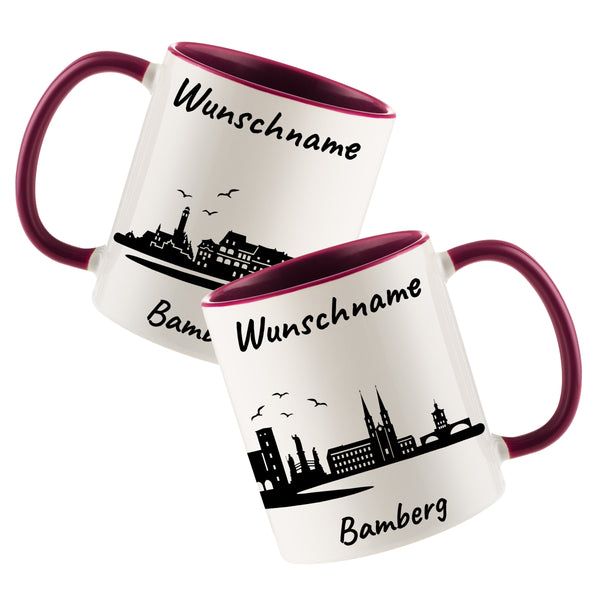 Tasse in Bordeauxrot 330ml bedruckt mit der Skyline von Bamberg personalisierbar mit Wunschname