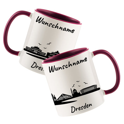 Tasse in Bordeauxrot 330ml bedruckt mit der Skyline von Dresden personalisierbar mit Wunschname