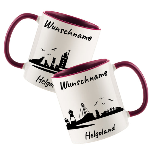 Tasse in Bordeauxrot 330ml bedruckt mit der Skyline von Helgoland personalisierbar mit Wunschname