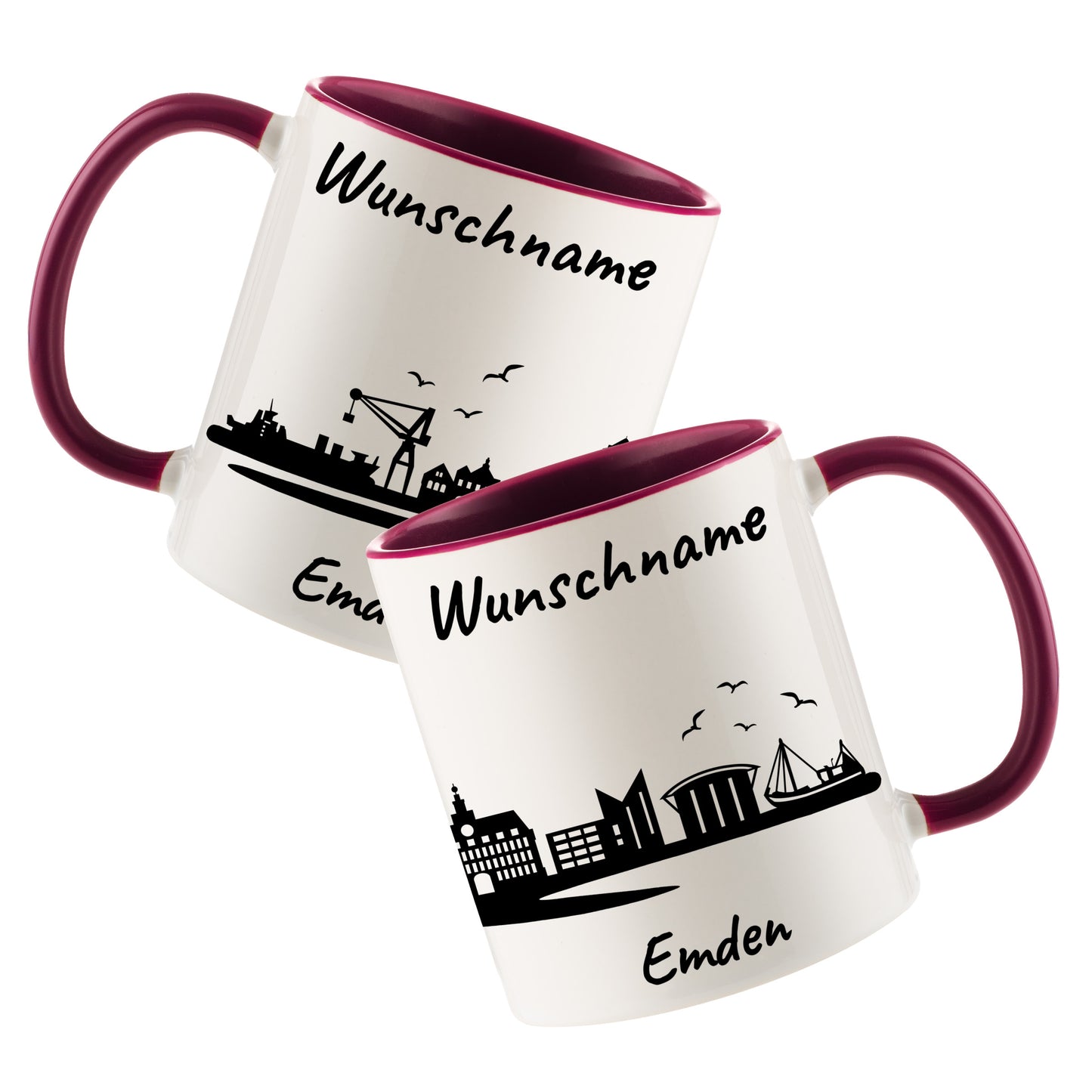 Tasse in Bordeauxrot 330ml bedruckt mit der Skyline von Emden personalisierbar mit Wunschname