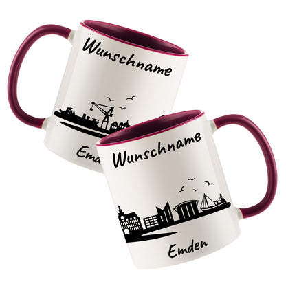 Tasse in Bordeauxrot 330ml bedruckt mit der Skyline von Emden personalisierbar mit Wunschname