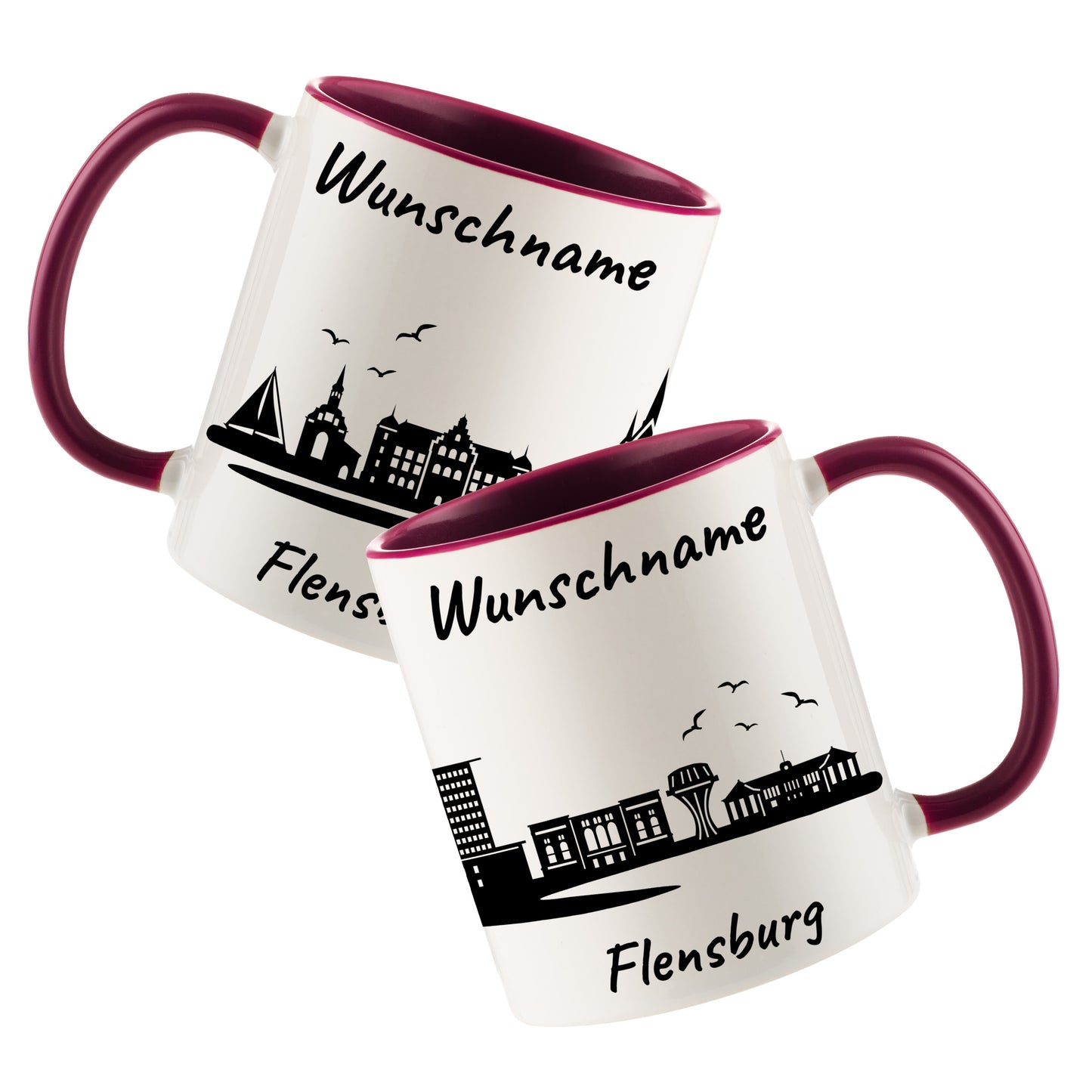 Tasse in Bordeauxrot 330ml bedruckt mit der Skyline von Flensburg personalisierbar mit Wunschname