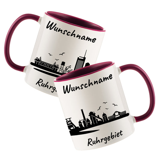 Tasse in Bordeauxrot 330ml bedruckt mit der Skyline von Ruhrgebiet personalisierbar mit Wunschname