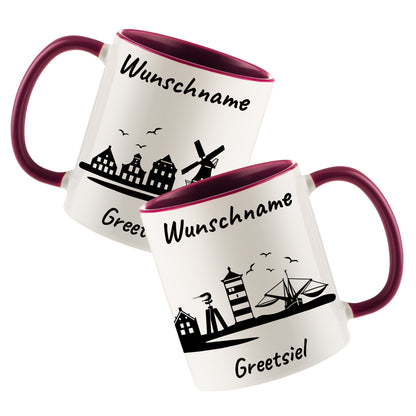 Tasse in Bordeauxrot 330ml bedruckt mit der Skyline von Greetsiel personalisierbar mit Wunschname