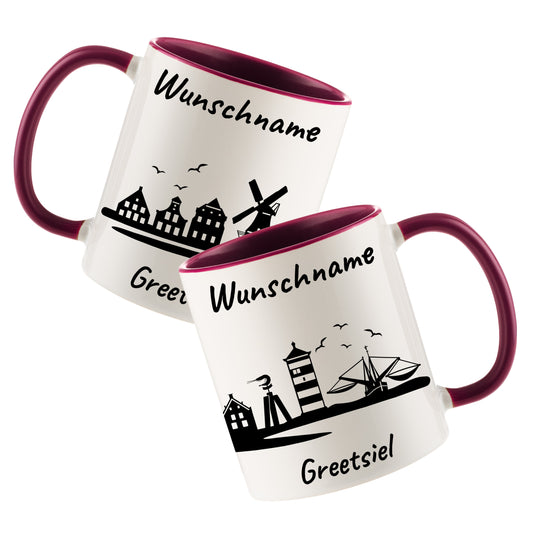 Tasse in Bordeauxrot 330ml bedruckt mit der Skyline von Greetsiel personalisierbar mit Wunschname