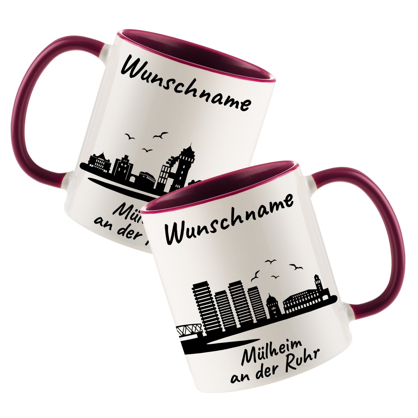 Tasse in Bordeauxrot 330ml bedruckt mit der Skyline von Mülheim an der Ruhr personalisierbar mit Wunschname