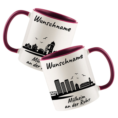 Tasse in Bordeauxrot 330ml bedruckt mit der Skyline von Mülheim an der Ruhr personalisierbar mit Wunschname