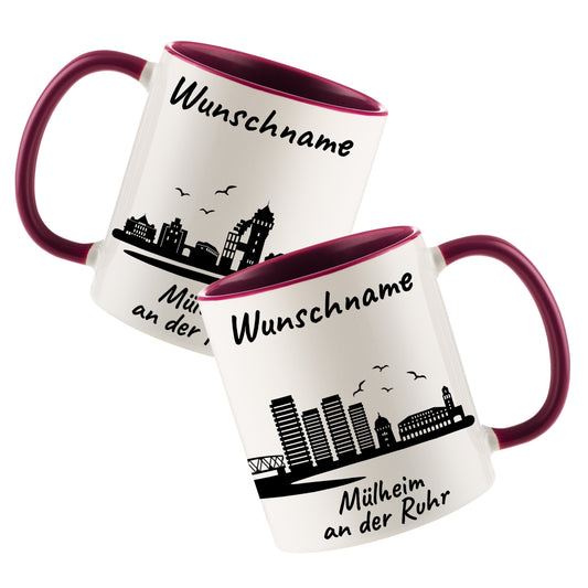 Tasse in Bordeauxrot 330ml bedruckt mit der Skyline von Mülheim an der Ruhr personalisierbar mit Wunschname