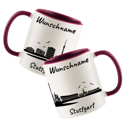 Tasse in Bordeauxrot 330ml bedruckt mit der Skyline von Stuttgart personalisierbar mit Wunschname