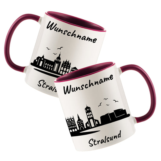 Tasse in Bordeauxrot 330ml bedruckt mit der Skyline von Stralsund personalisierbar mit Wunschname