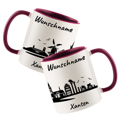 Tasse in Bordeauxrot 330ml bedruckt mit der Skyline von Xanten personalisierbar mit Wunschname
