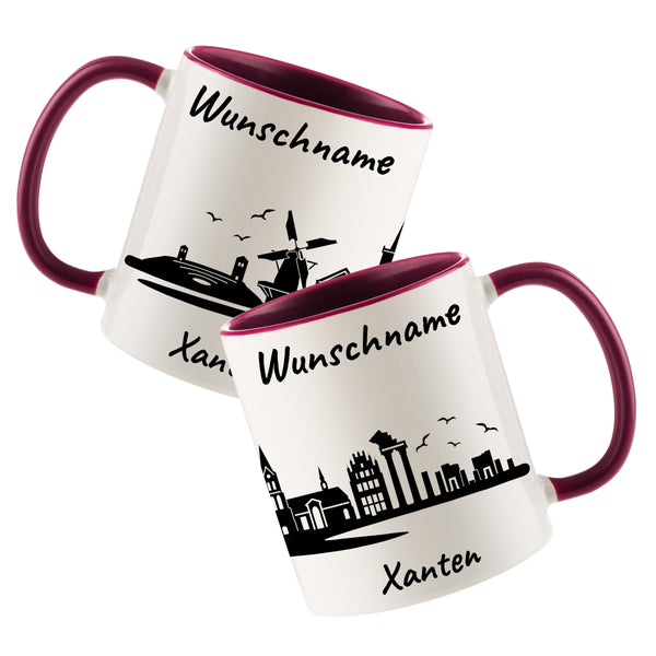 Tasse in Bordeauxrot 330ml bedruckt mit der Skyline von Xanten personalisierbar mit Wunschname