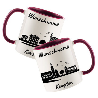 Tasse in Bordeauxrot 330ml bedruckt mit der Skyline von Kempten personalisierbar mit Wunschname