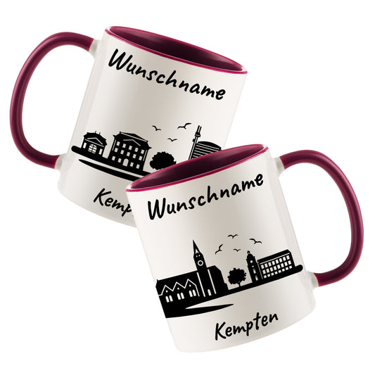 Tasse in Bordeauxrot 330ml bedruckt mit der Skyline von Kempten personalisierbar mit Wunschname