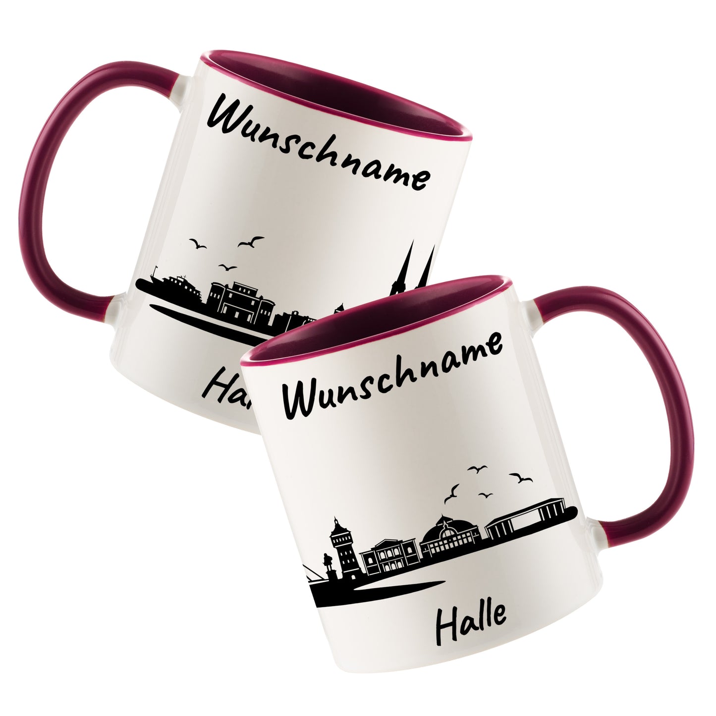 Tasse in Bordeauxrot 330ml bedruckt mit der Skyline von Halle personalisierbar mit Wunschname