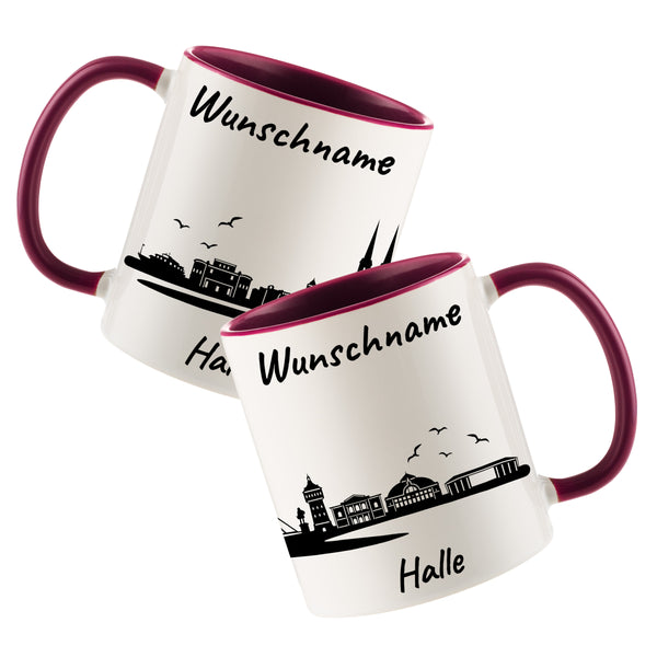 Tasse in Bordeauxrot 330ml bedruckt mit der Skyline von Halle personalisierbar mit Wunschname