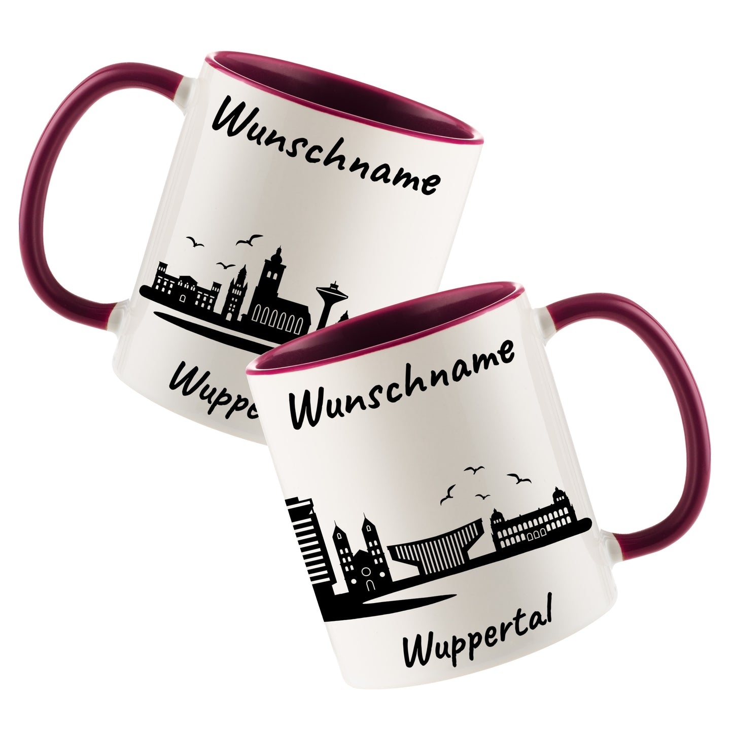 Tasse in Bordeauxrot 330ml bedruckt mit der Skyline von Wuppertal personalisierbar mit Wunschname