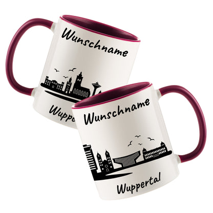 Tasse in Bordeauxrot 330ml bedruckt mit der Skyline von Wuppertal personalisierbar mit Wunschname