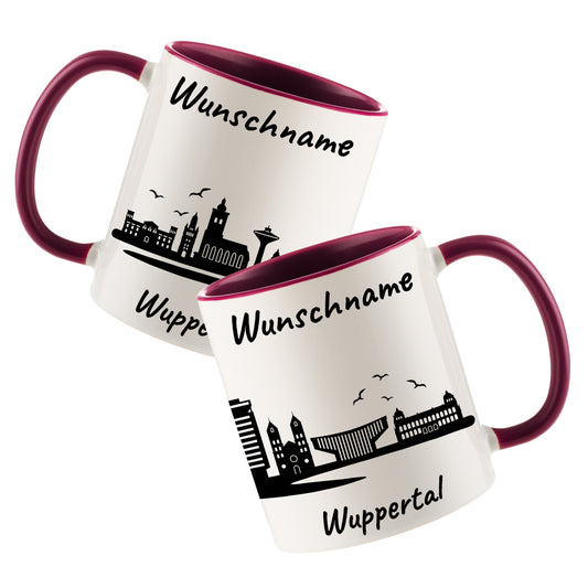 Tasse in Bordeauxrot 330ml bedruckt mit der Skyline von Wuppertal personalisierbar mit Wunschname