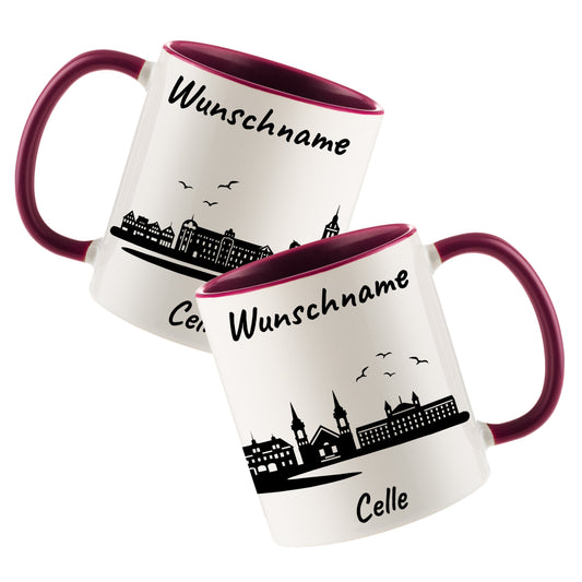 Tasse in Bordeauxrot 330ml bedruckt mit der Skyline von Celle personalisierbar mit Wunschname