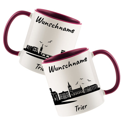Tasse in Bordeauxrot 330ml bedruckt mit der Skyline von Trier personalisierbar mit Wunschname