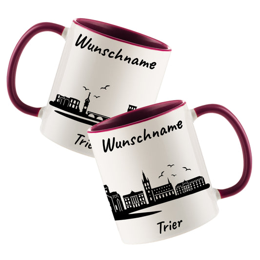Tasse in Bordeauxrot 330ml bedruckt mit der Skyline von Trier personalisierbar mit Wunschname