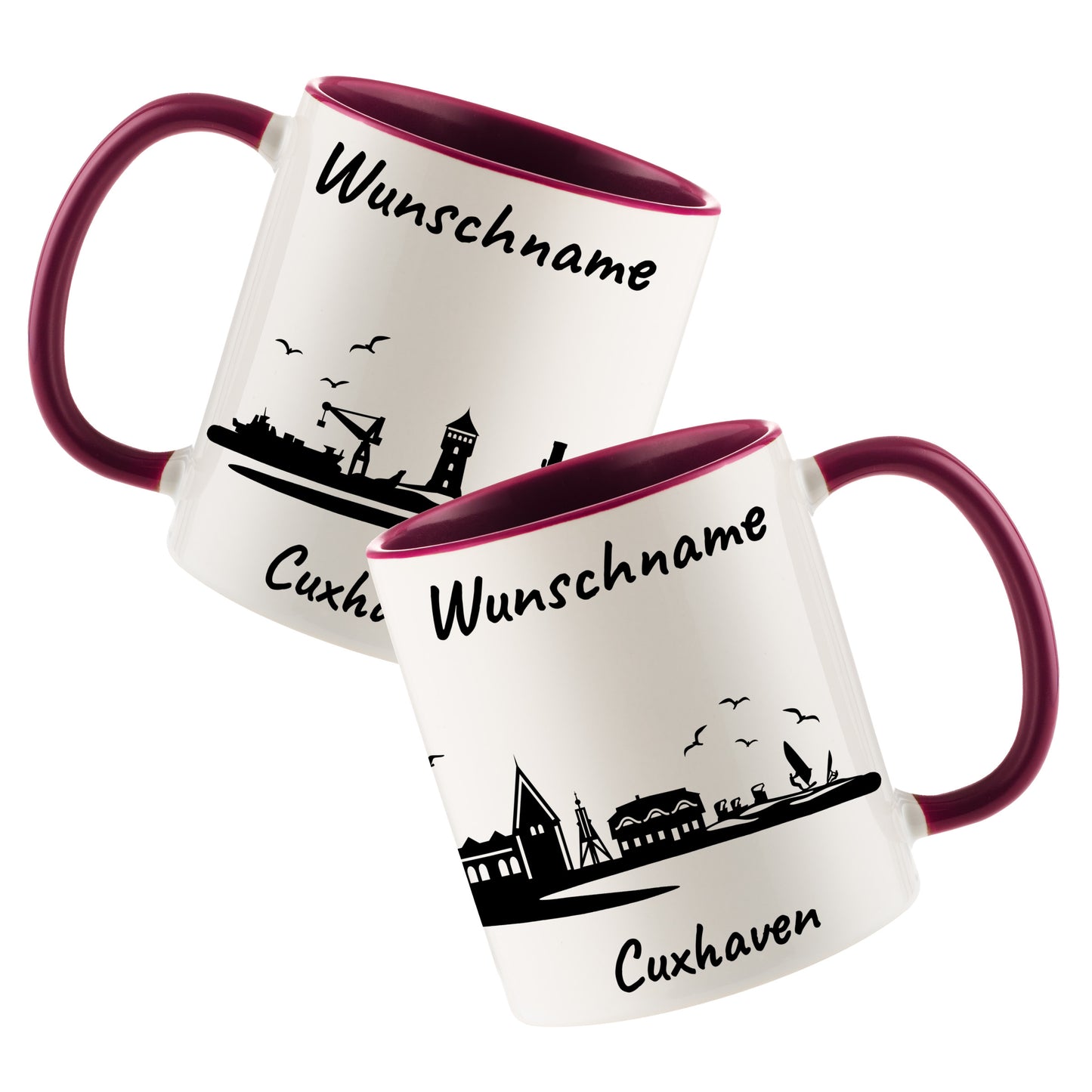 Tasse in Bordeauxrot 330ml bedruckt mit der Skyline von Cuxhaven personalisierbar mit Wunschname