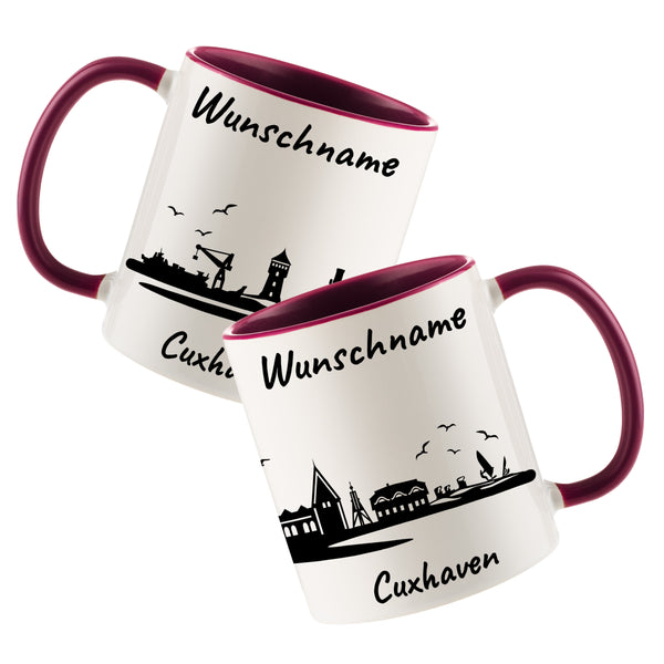 Tasse in Bordeauxrot 330ml bedruckt mit der Skyline von Cuxhaven personalisierbar mit Wunschname